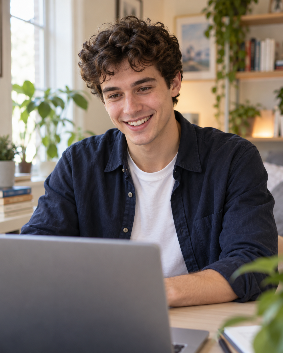 Illustrative portrait of a young interview specialist smiling during an online coaching session.