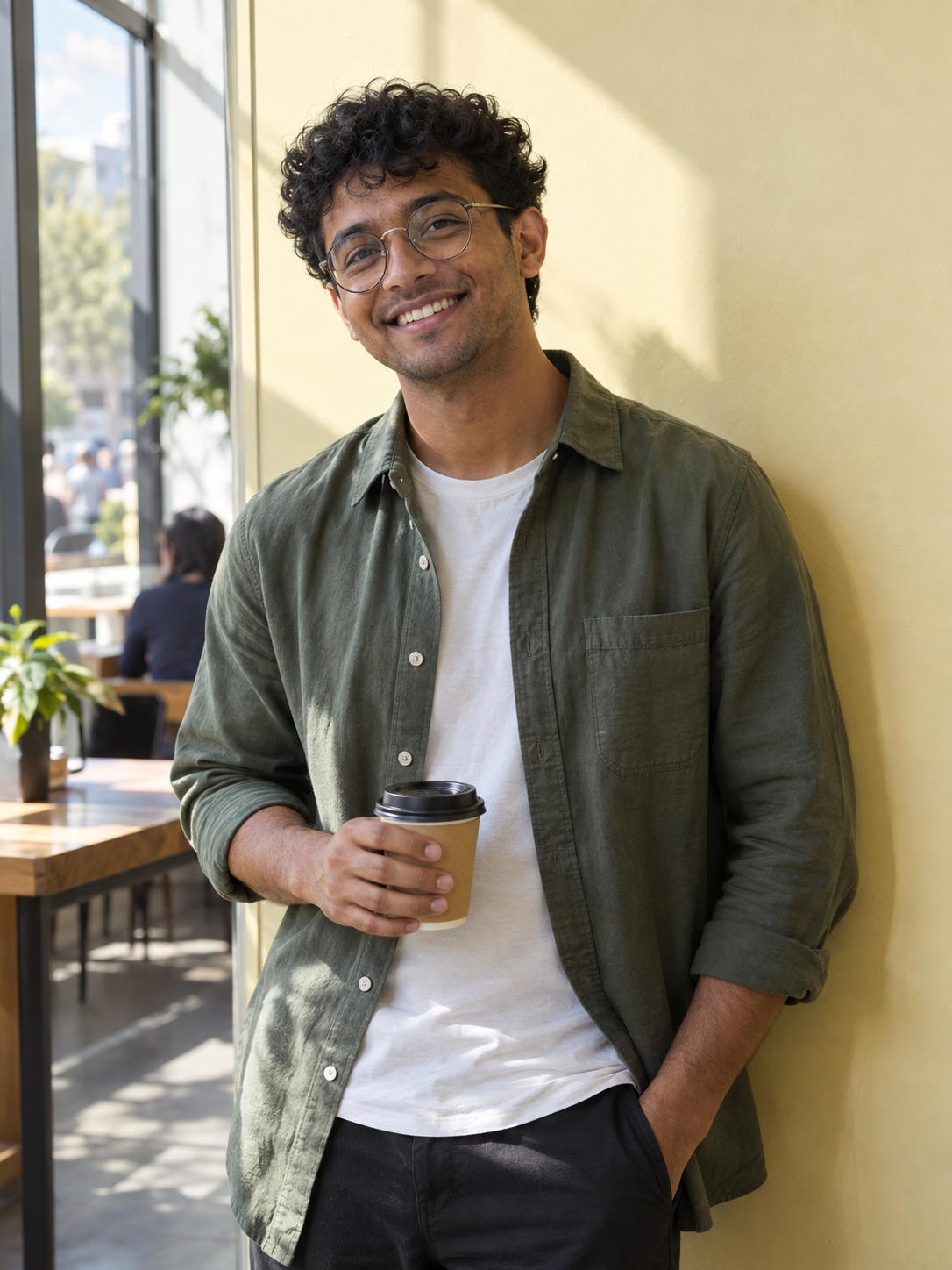 Concept photograph of a relaxed specialist leaning by a cafe window with a coffee